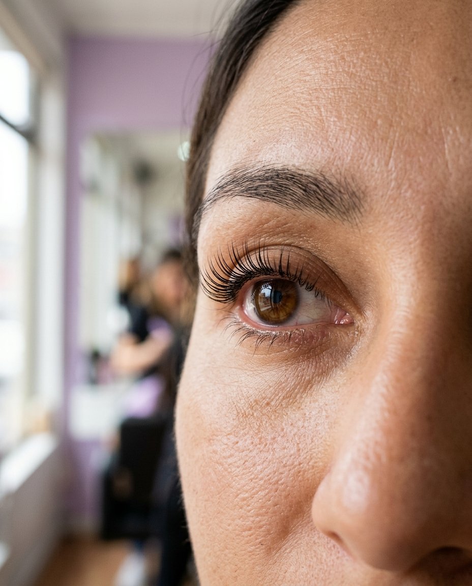 Ojo con lifting de pestañas: pestañas naturales levantadas desde la raíz